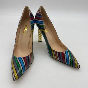 FSJ rainbow pointy toe gold chain chunky heels pumps shoes